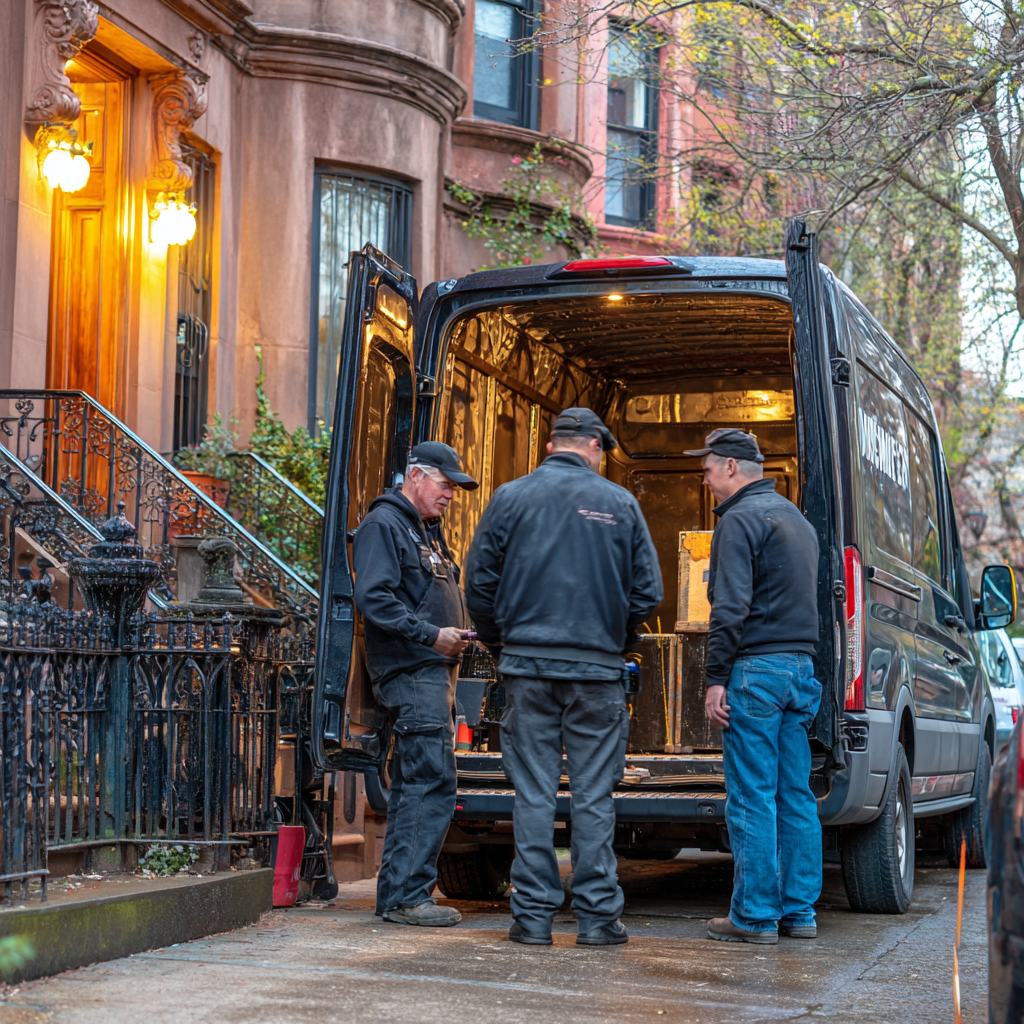oundproofing technicians preparing equipment from a van on a Brooklyn brownstone street.